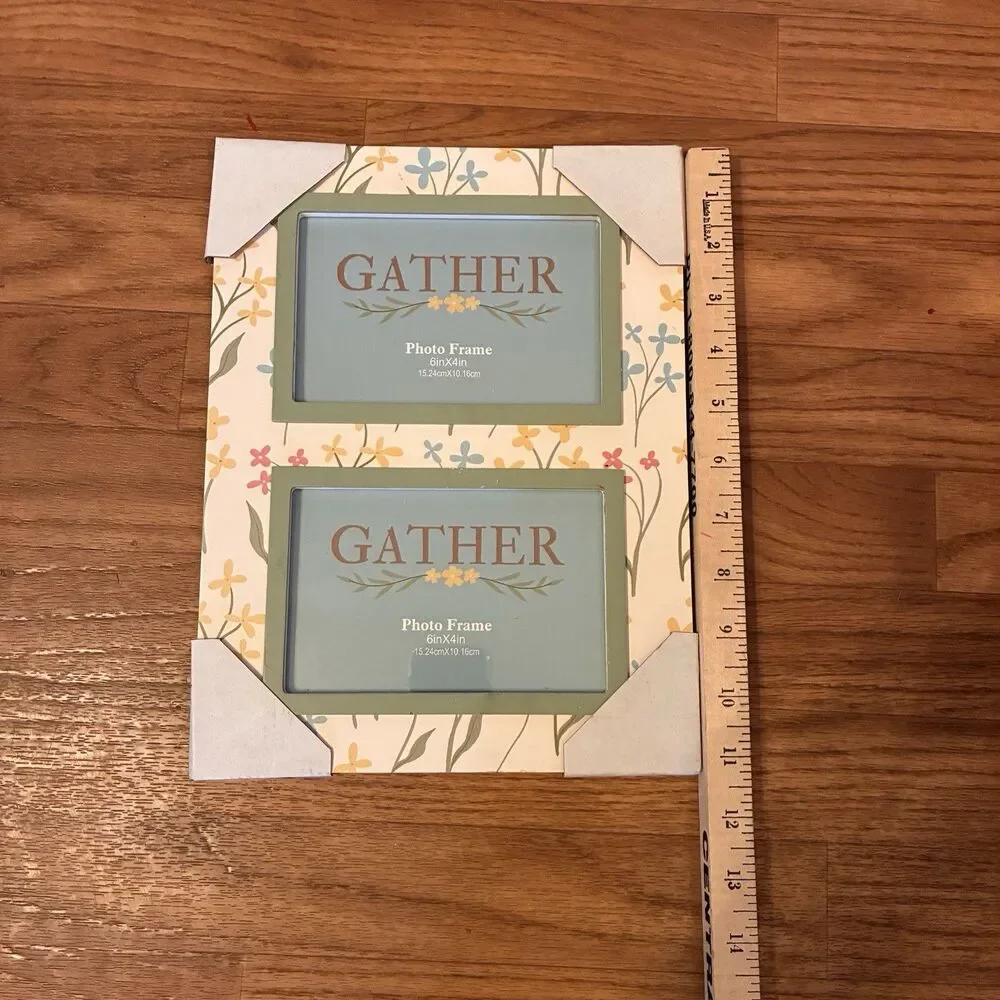 Gather Floral Double Frame Holds Two 6”x4” Photos. Green Trim. 8.5x11” Frame New